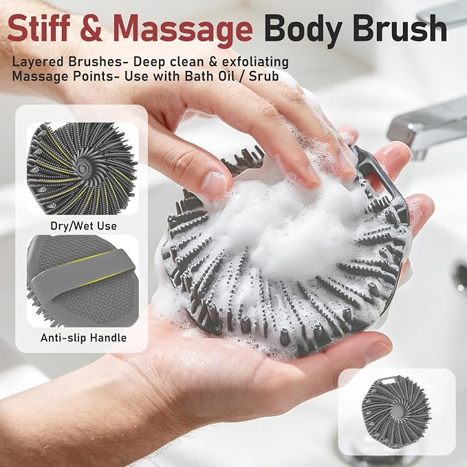 Back Scrubber for Shower for Men 2 Pack, Silicone Body Scrubber with Long Handle, Detachable Body Wash Scrubber Shower Scrub Brush -Lathering Bristles Deep Clean Exfoliator Women Mens Black+Grey