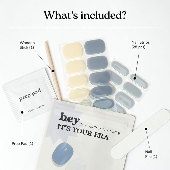 Heyhae Semi Cured Gel Nail Strips Salon Quality - Hey, It's Your Era | No UV Light Needed | Salon Quality, Easy Apply & Remove | 28 Strips, 1 Prep Pad, Nail File, Wooden Stick | Blue Solid