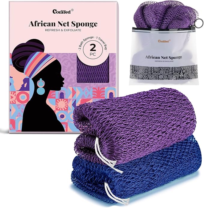 CORATED African Net Sponge with Knots Authentic, Shower Loofah Bath Sponge | Exfoliating Body Scrubber for Women Daily Use Body Care, Travel Portable Bath Accessories for Bathroom