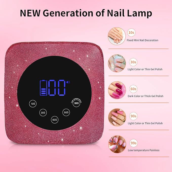 Cordless UV LED Nail Lamp,72W Rechargeable UV Light for Gel Nails with 5 Timer Setting Quick Dry Curing Lamp with Display Auto Sensor for Salon & Home(Red Diamond)
