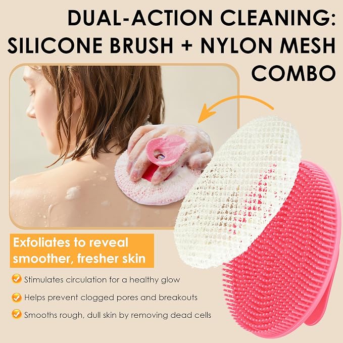 Hygienic Body Cleansing Scrubber with Exfoliating Net Sponge Case,Pack of 2 | INNERNEED Soft Silicone Bristles Deep Clean & Massage Shower Scrub Brush with African Exfoliating Bath Mesh