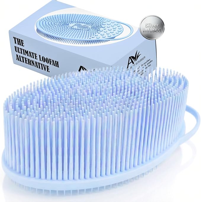 Avilana Silicone Body Scrubber for Shower – SGS Certified Food Grade Dual Sided Bath Brush, Gentle Exfoliating Silicone Loofah Alternative, Sensitive Skin Body Brush (Blue-Silver, Exfoliate)