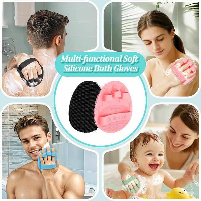 New Silicone Body Scrubber 4PCS, 360° Anti-Slip & Enlarged Exfoliating Bath Glove for Rich Foaming Deep Cleaning, Revolutionary No-Grip & Hand-fit Shower Scrubber for All Skin Types.(4-Color)
