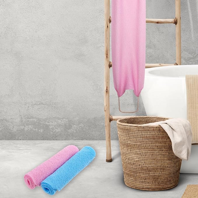 Body Scrubber with Handles Exfoliating Washcloth Towel for Shower Bath 2Pcs Nylon Back Exfoliator Extended Length Back Washers Back Scrubber Towel Stretchable Pull Strap for Sensitive Rough Skin