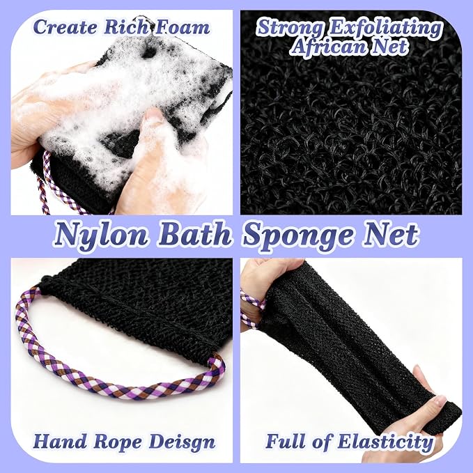 Manmihealth Silicone Back Scrubber for Shower & African Net Sponge Set | 36'' Dual-Sided Back Washer & African Long Bath Sponge, Extendable Long Silicone Body Brush (Black+Black)