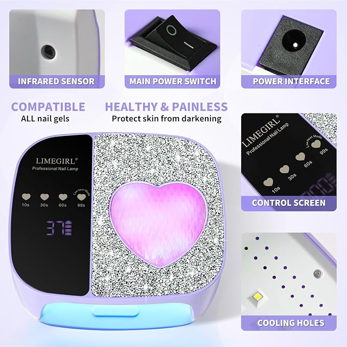 LIMEGIRL UV LED Nail Lamp Kit for Gel Polish Professional Fast Curing Purple Dryer Light Set with 4 Timer Settings Cordless Rechargeable Nail Art Cure Machine for Manicure Pedicure at Home and Salon