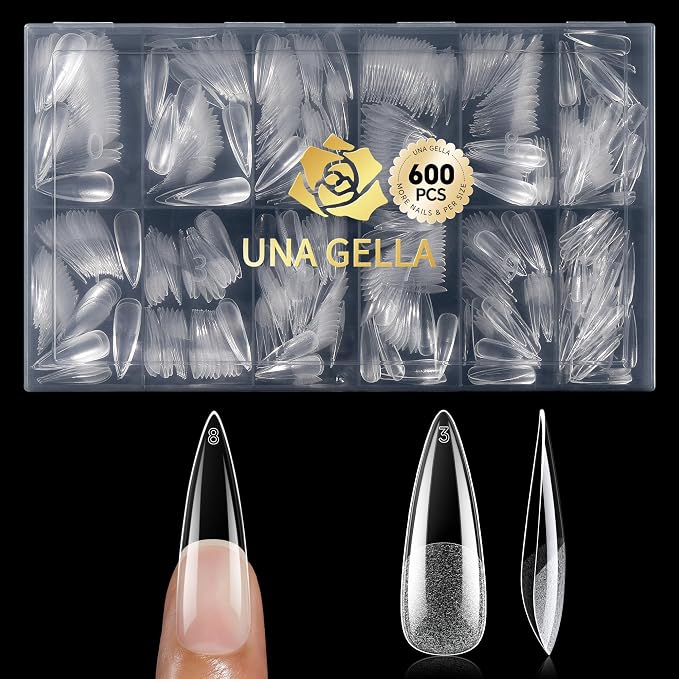 UNA GELLA Long Stiletto Gel Nail Tips 600Pcs Long Stiletto Almond Nail Tips | Pre Etched Clear Fake Nails Press on Nails No C Curve for DIY Art Salon at Home 12 Sizes