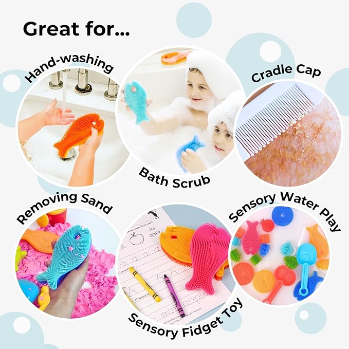 Innobaby Bathin' Smart Silicone Bath Scrub for Babies Toddlers and Adults in Double Sided Sensory Fish Shape, Gently Exfoliate Face and Body, Made with Quick-Dry Food Grade Silicone- Orange/Yellow