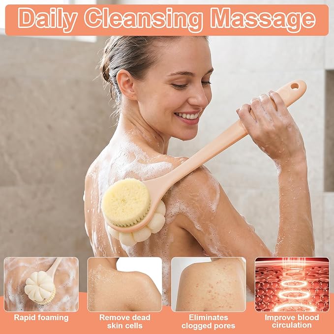 Back Scrubber for Shower with Long Handle, Double-Sided Shower Brush for Body, Loofah Back Scrubber & Bristle Bath Brush, Back Brush for Shower Exfoliating Hard-to-Reach Areas, Bath Brush Long Handle