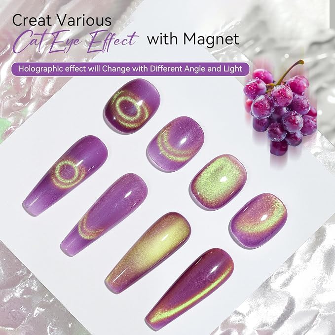 Makartt Cat Eye Gel Nail Polish - 10ml 3D Holographic Glitter Cateye Gel Polish with Magnet, Noble Purple, Long-Lasting UV/LED Soak Off for Salon & DIY - Lady Finger Grape