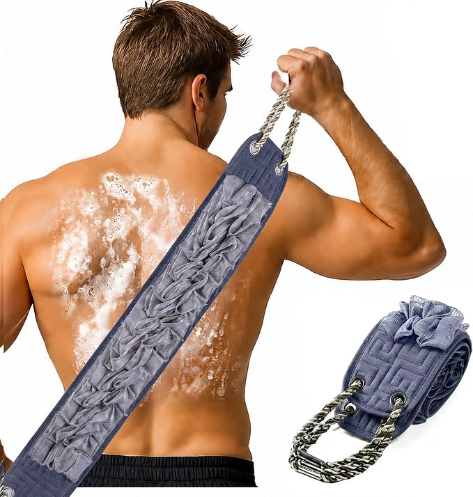 Yiclick Back Scrubber for Shower, Exfoliating Washcloth Towel with Handle, Body Scrubber Exfoliator, Bath Sponge Loofah Luffa, Back Washer Wash Cloth for Men Women, Korean Exfoliate Body Scrub (Grey)