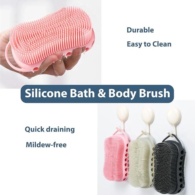 MtBoi Double-Sided Exfoliating Silicone Body Scrubber, 2-in-1 Bath Scrubber, Shampoo Brush, Silicone Loofah for All Skin Types, Shower Body Scrubber, Easy to Clean, Lather Well (Gray)