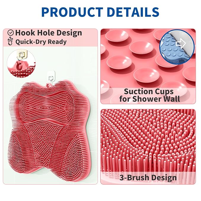 Foot Scrubber in Shower, Shower Foot Scrubber Mat,Silicone Body Scrubber,Back Scrubber with Suction Cups,Shower Body Deep Cleaning Foot Brush Exfoliating Massage Cleaner(Pink)