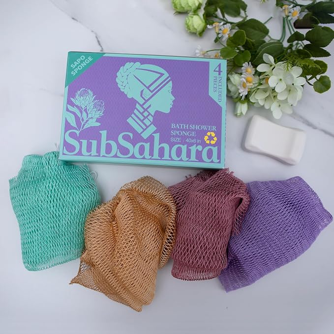 SubSahara Authentic African Net Sponge, 4 Pack 45-Inch Exfoliating Bath Sponge and Shower Loofah for Body and Back, Colorfast Quick-Dry Knotted Mesh Scrubber with Travel Pouch