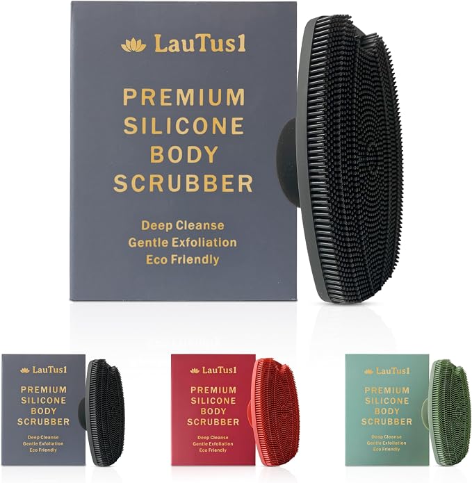 Silicone Body Scrubber — Suction Cup Mount & Hook, Gentle Exfoliating Shower Brush, Soft Loofah Alternative for Men, Women & All Skin Types — Graphite Black