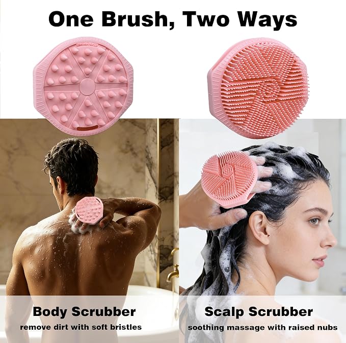 Silicone Body Scrubber for Men Women, Dual-Sided Bath Brushes Gentle Exfoliating Body Scrubber Scalp Massager for Deep Cleansing, Soft Silicone Loofah Body Washing Brushes (Pink)
