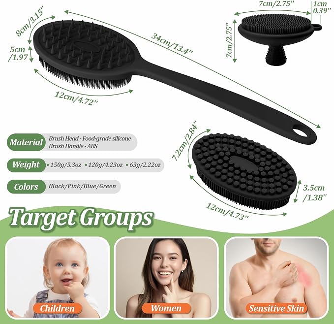 Silicone Face & Back Scrubber Set, Manual Face & Body Scrubber Exfoliator with Soft Bristles and Non-Slip Handle, Back Brush Bath Brush with 2 Detachable Brush Heads(3PCS Black Set)