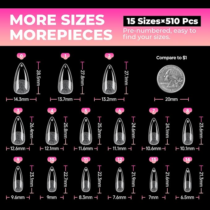 UNA GELLA Stiletto Gel Nail Tips 15 Sizes 510Pcs Full Cover Pre-etched | Medium Stiletto Almond Fake Clear Acrylic False Nails Sturdy Press on Nails for Nail Extensions Home DIY Salon