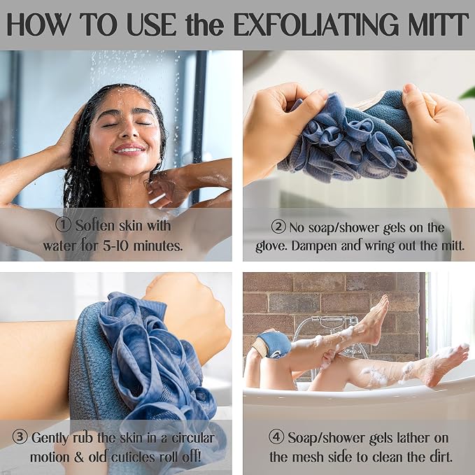 Deep Exfoliating Mitts (2pcs) Double-Sided Gloves for Shower, Body Massage Scrub & Bath Loofah Sponge，Skin Exfoliator, Dead Skin Remover (Pink & Blue)