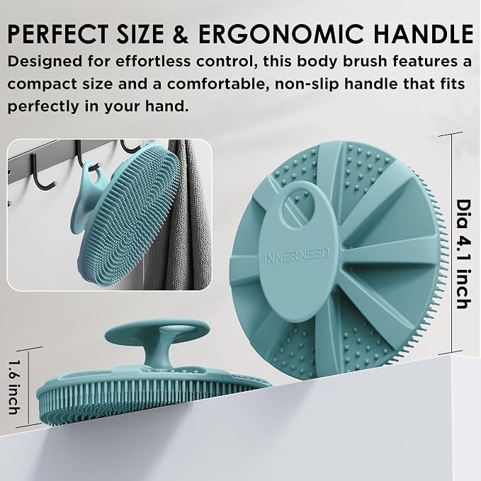 Food-Grade Silicone Body Scrubber with Exfoliating Net Sponge Case, 4pcs | Handheld Bath Cleansing Scrub Shower Brush Set For Women Men, All Skin Types, Deep Clean, Lather Well, INNERNEED
