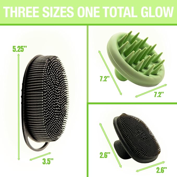 3-in-1 Silicone Scrubber Set – Exfoliating Body Scrubber, Scalp Massager Shampoo Brush & Facial Cleansing Pad – Hygienic Shower Loofah Alternative for Men & Women (3 Pack)