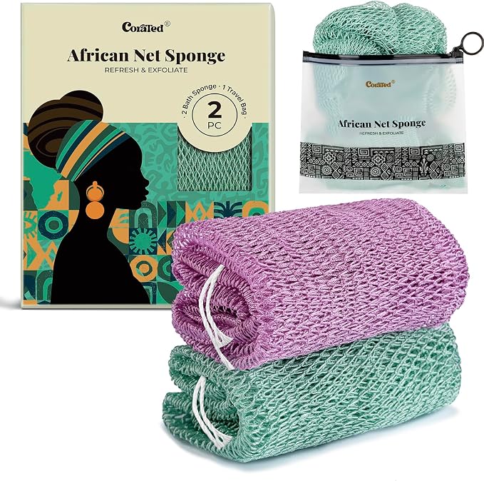 CORATED African Net Sponge with Knots Authentic, Shower Loofah Bath Sponge | Exfoliating Body Scrubber for Women Daily Use Body Care, Travel Portable Bath Accessories for Bathroom