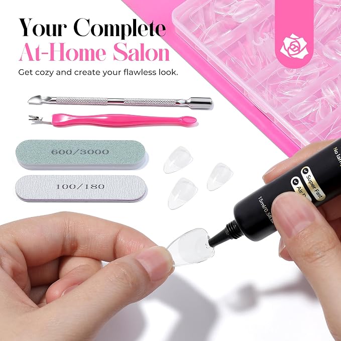 UNA GELLA Short Almond Gel Nail Tips Kit Strong, No U V Lamp Needed Nail Tips and Glue Kit, 216Pcs Pre-etched Soft Gel Fake Nails with Air Dry Nail Glue for Press On Nails & Beginners DIY Gift