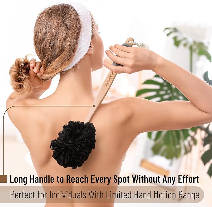 Slick- Loofah with Handle, 17", Gray, Loofah Back Scrubber with Long Wooden Handle, Shower Supplies