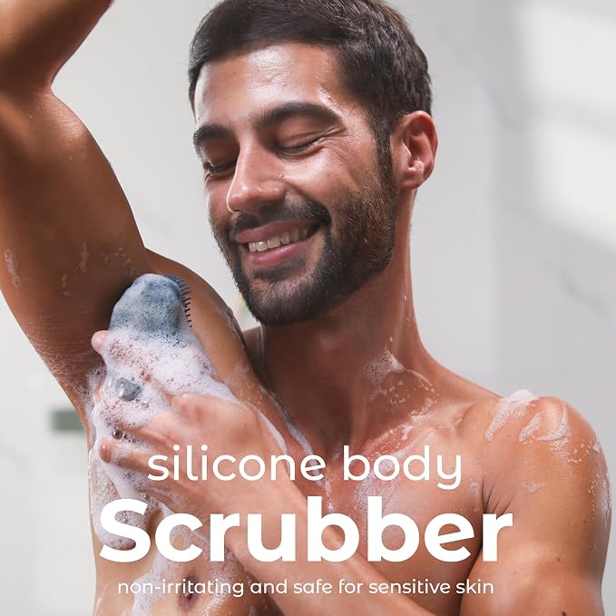 MainBasics Silicone Body Scrubber Dual-Sided, Dark Blue, Scalp | Shower Scrubber and Scalp Massager, Gentle Silicone Loofah Alternative for Deep Clean