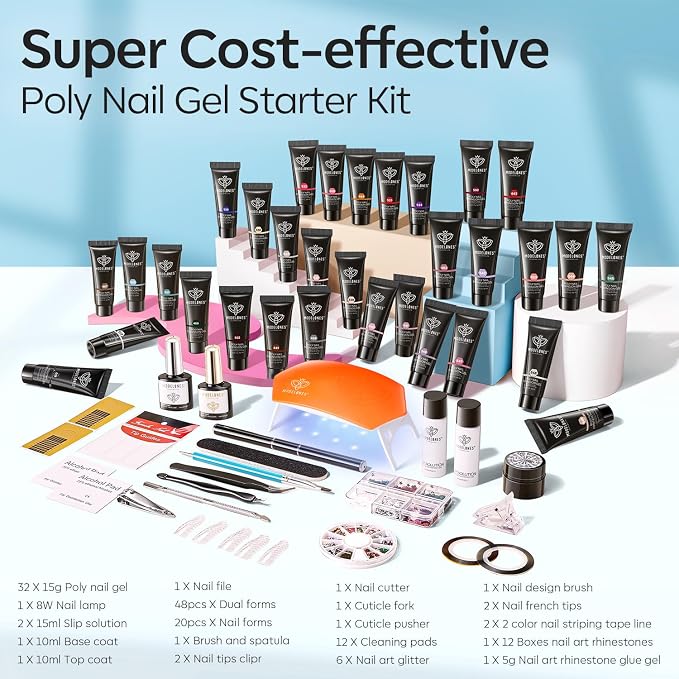 Modelones 133pcs Poly Nail Gel Kit 32 Colors with 8W Nail Lamp | Nail Extension Gel kit with Base Top Coat Slip Solution Builder Enhancement Manicure Tools for Starter Supplies