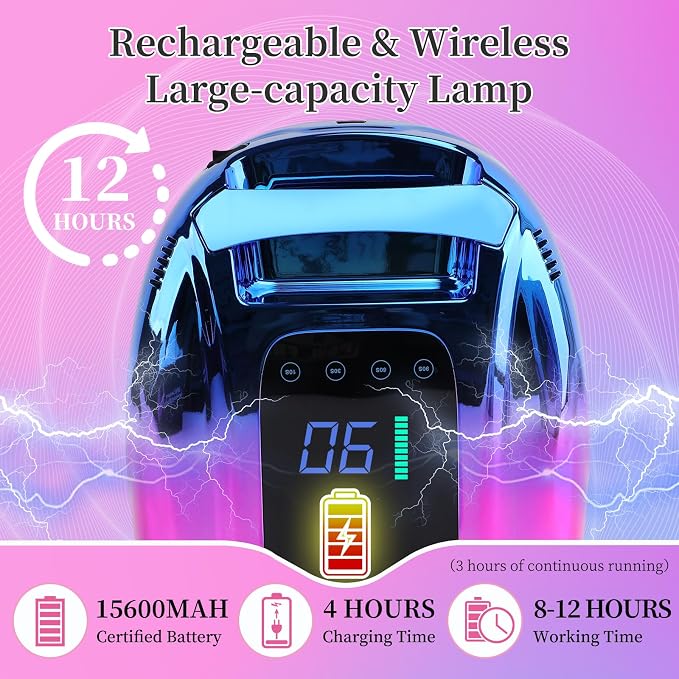 96W Rechargeable UV LED Nail Lamp, Portable Cordless UV Light for Nails with LCD Display Auto Sensor, 4 Timer Setting and Smart Sensor Nail Dryer,Nail Cure Light with Removable Bottom (Blue)