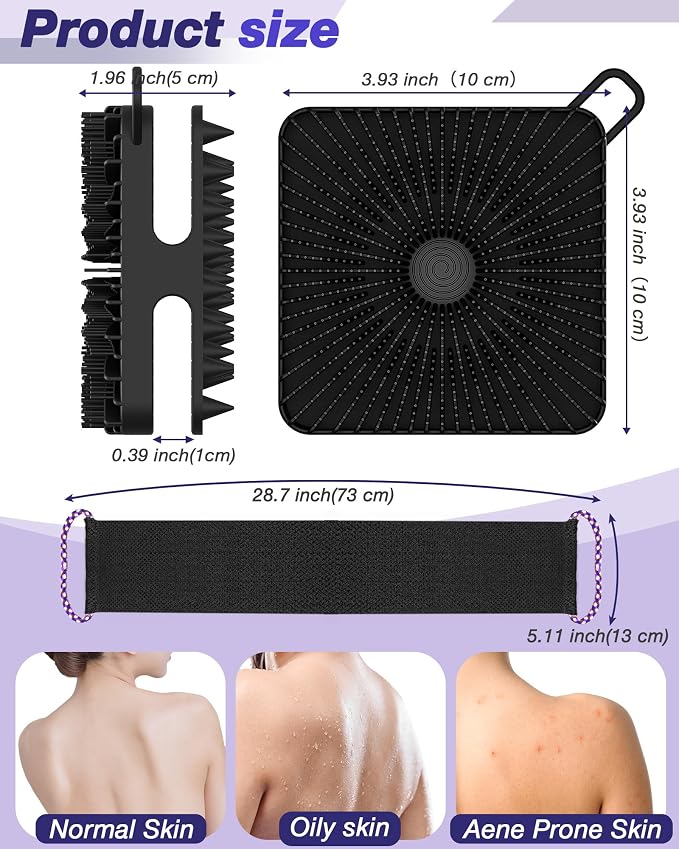 Manmihealth Dual-Sided Silicone Body Scrubber & African Bath Sponge Net Set | 2-in-1 Silicone Shower Shampoo Brush Africa Wash Net, Lather Well, Strong Exfoliating, Body Hair Wash (Black)