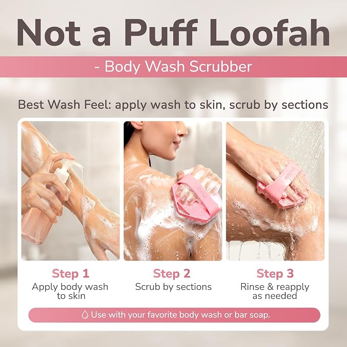 SILKLE Silicone Body Scrubber Exfoliator, Shower Scrubber & Silicone Loofah | Exfoliating Body Scrubber, Non-Slip Grip - Silicone Bath Brush & Shower Brush for Body, Quick-Rinse One-Piece Design - Pink