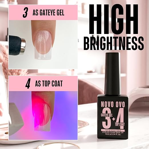 NOVO OVO UV Nail Glue (Also Work as Builder Gel) and Top Coat (with Cat Eye Effect) Kit, Hema TPO Free, Super Strong Adhesive for Press on Acrylic Nails, CatEye Gel Glitter Polish, Magnet Included