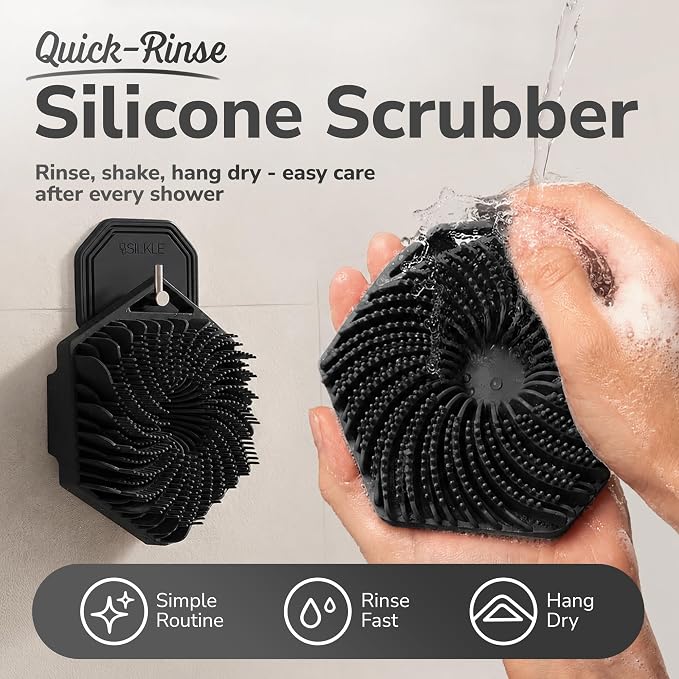 SILKLE Silicone Body Scrubber Exfoliator, Shower Scrubber & Silicone Loofah | Exfoliating Body Scrubber, Non-Slip Grip - Silicone Bath Brush & Shower Brush for Body, Quick-Rinse One-Piece Design - Black