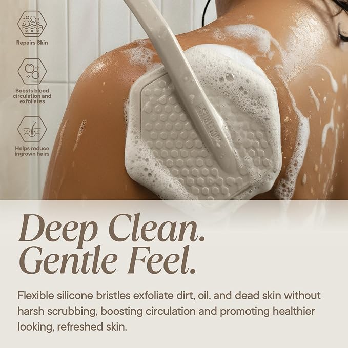 TOOLETRIES Silicone Back Scrubber for Shower with Hook - Sand | Long ergonomic bath brush with a non-slip grip for exfoliating and reaching hard-to-reach areas comfortably.