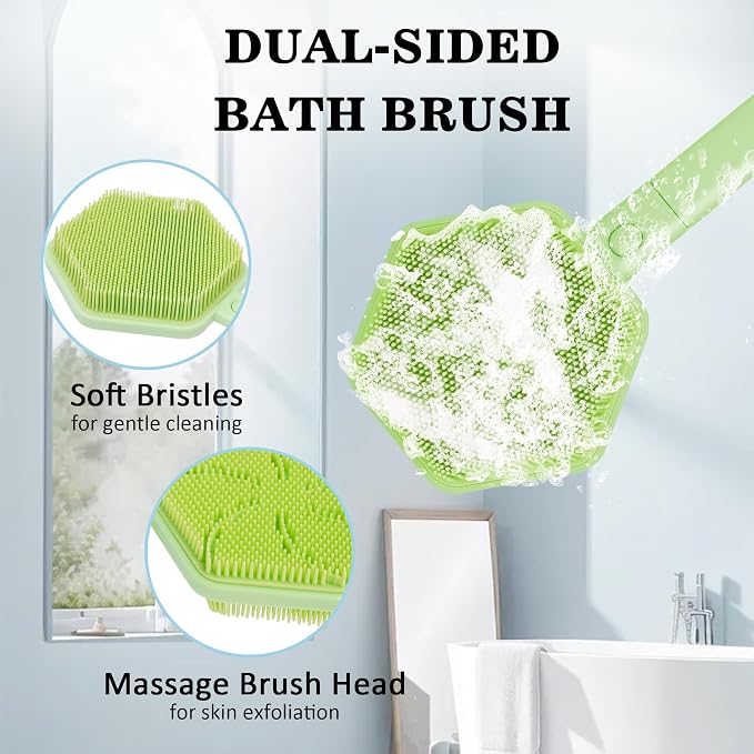 Silicone Back Scrubber for Shower with 21" Extendable Handle-Dual-Sided Long Handle Bath Brush for Exfoliating & Massage–Non-Slip Grip, Gentle&Deep Cleansing Body Brush for Men, Women, Seniors (Green)
