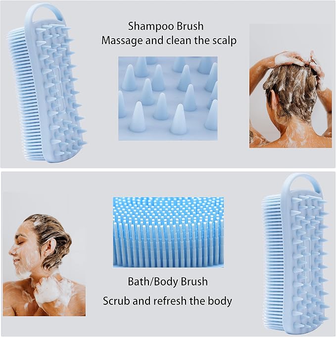 MtBoi 2 PC Silicone Body Scrubber, 2 in 1 Exfoliating Shower Bath Scrubber, Soft Silicone Loofah for Sensitive Skin, Shower Hair Scalp Massager, Easy to Clean, Lather Well (Pink&Blue)