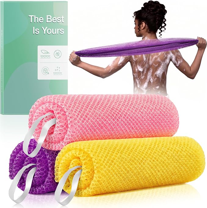 African Net Sponge Authentic, 3 Pieces Exfoliating Bath Sponge for Deep Cleansing, Reusable Body Scrubber, Back Scrubber for Shower, Suitable for All Skin Types Men & Women(Yellow,Pink,Purple)