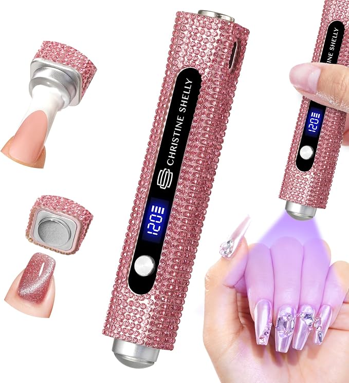 UV Nail Lamp, 3 in 1 Handheld UV Light for Gel Nails, Flash Cure Nail Lamp | Cat Eye Magnet | Cordless | 3W | Type-C | 400mAh | Full Rhinestone Covered | Mini Size | Easy to Carry | Pink Diamond