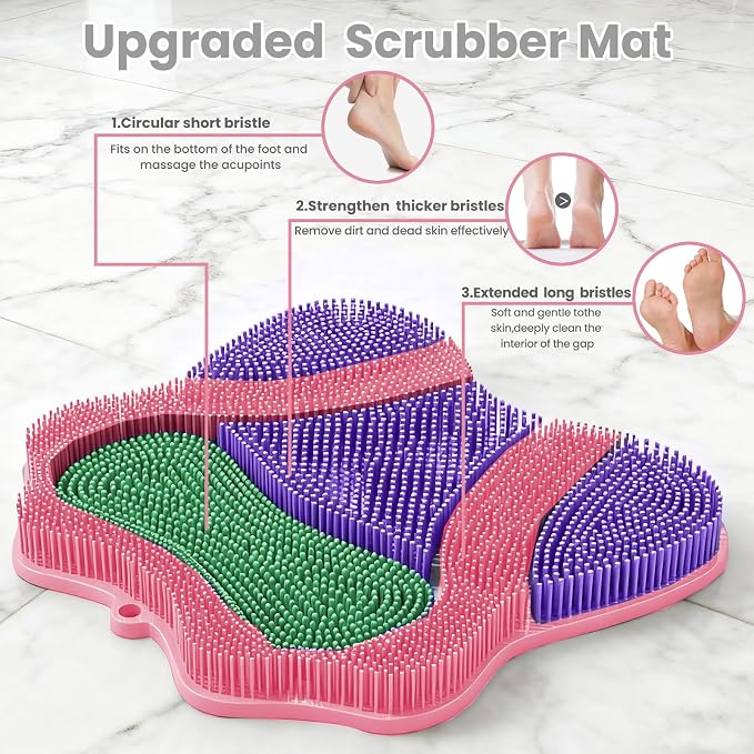 Shower Foot Scrubber Mat,Shower Foot and Back Scrubber with Wall Mount Suction Cups,Foot Scrubber for Use in Shower for Improve Skin Exfoliation(Pink)