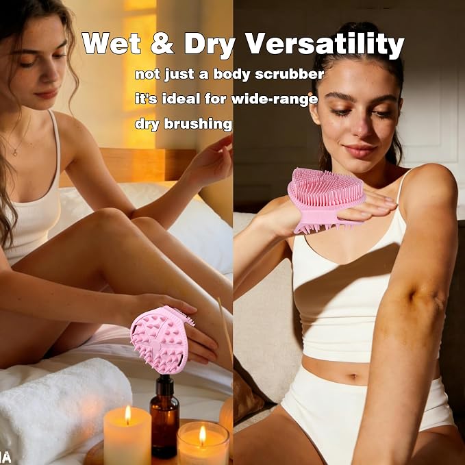 Silicone Body Scrubber for Men Women, Dual-Sided Bath Brushes Gentle Exfoliating Body Scrubber Scalp Massager for Deep Cleansing, Soft Silicone Loofah Body Washing Brushes (Pink)