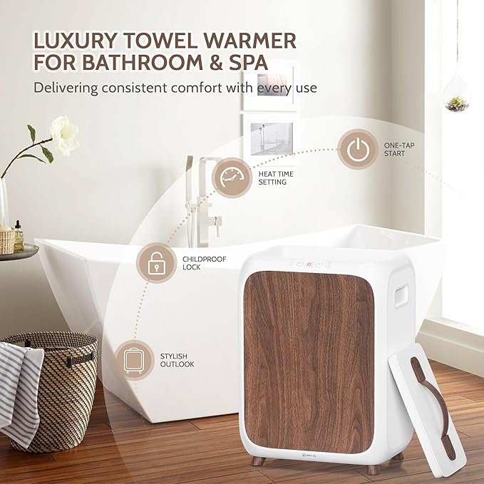 Keenray Towel Warmer Bucket, Luxury Rectangle Towel Warmer for Bathroom with Timer & Delay, Customized Fragrance, Child Lock, Fits 2 Large Towels, Blankets, Bathrobes, Ideal Gift for Him & Her(Brown)