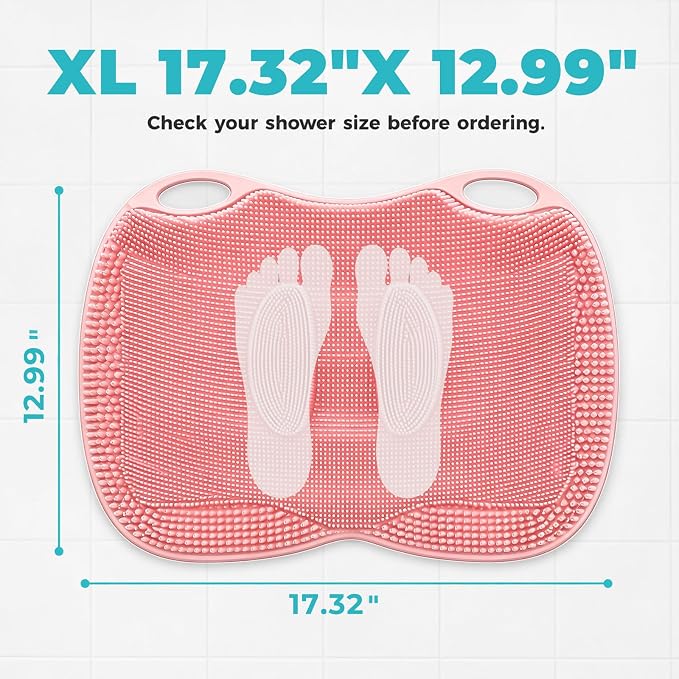 XL Silicone Shower Foot Scrubber Mat with Suction Cups, Foot Washer for Shower, Foot and Back Scrubber for Smooth Shower Wall or Floor, Pink, 17.32 x 12.99 in