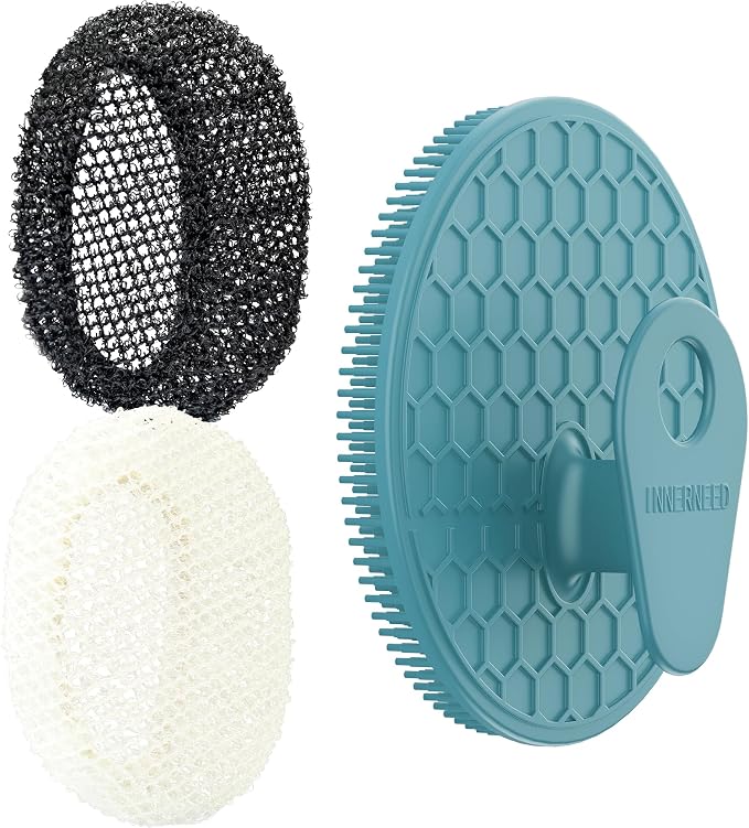 African Net Exfoliating Sponge Case with Silicone Body Brush, Dark Green | 2in1 Quick-Dry Bath Mesh Washcloth Shower Scrubber, Massaging, Cleansing, Skin Smoother, INNERNEED