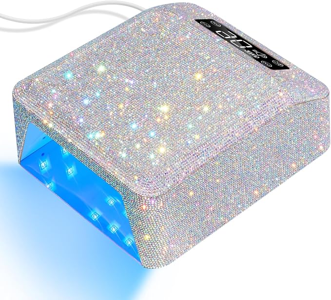 UV LED Nail Lamp, Plug-in Nail Dryer UV Light for Gel Nails Salon & Home | 39 Beads | 96W | Auto Sensor | Detachable Base | 4 Timers | Rhinestone | White Sparkly