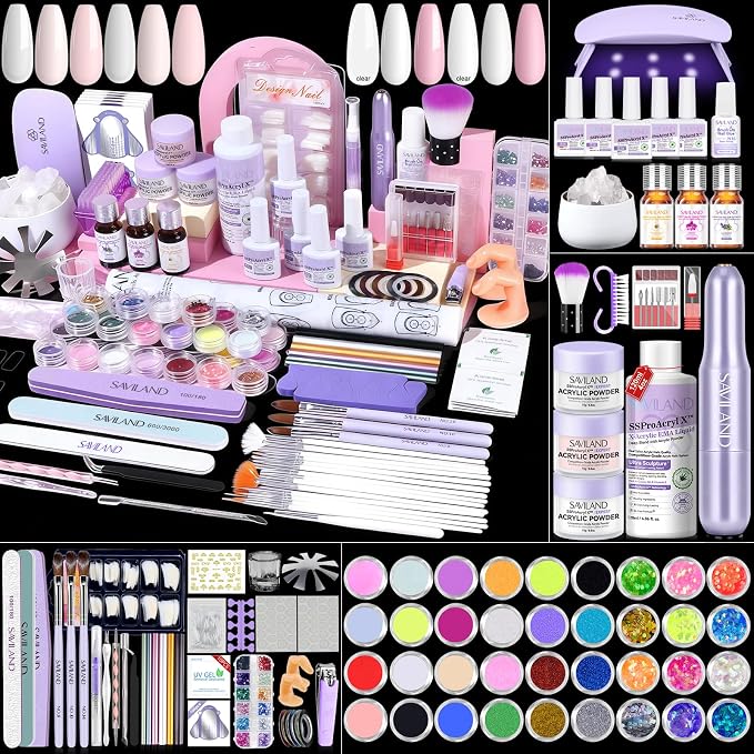 SAVILAND Professional Acrylic Nail Kit: Acrylic Nail Set KIt for Beginners with Everything Nail Tranning Mat Nail Art Brush Nail Drill Nail Polish with Dryer for Nail Extension Carving