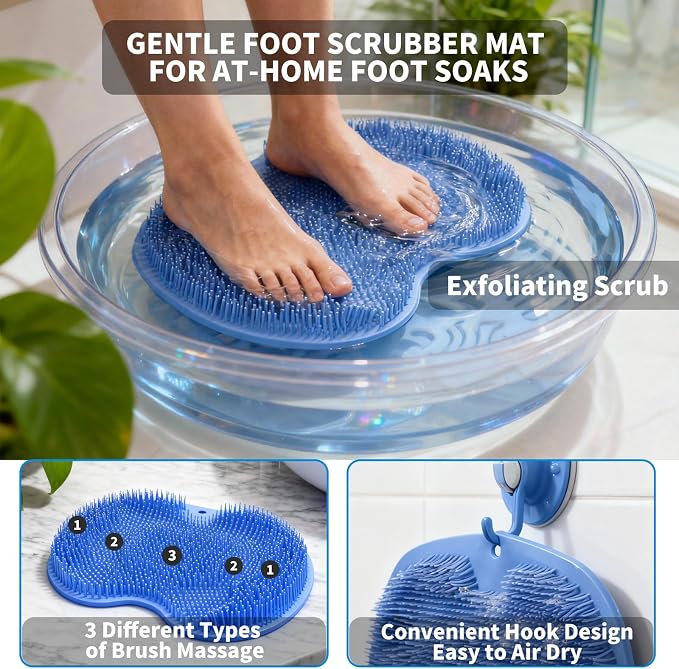 Shower Foot Scrubber Mat with 3 Types of Upgraded Brushes for Massage, Shower Back Scrubber with Micro Suction Cups,Back Washer,Shower Scrubber for Body at Home Spa (Sky Blue)