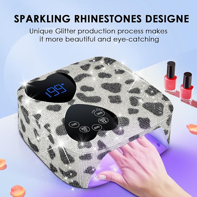 UV LED Nail Lamp Cordless, HUITINE 80W Rechargeable UV Light for Gel Nails | 5 Timers & Mirror Base, Professional Gel Light Dryer, Sparkling Rhinestones Curing Lamp for Salon & Home (Cow Diamond)
