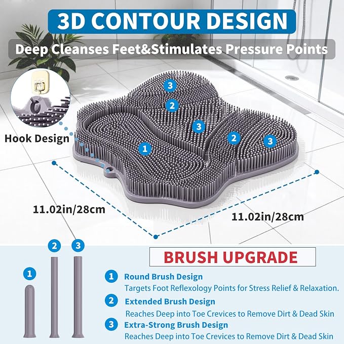 Show Foot Scrubber Mat & Silicone Back Scrubber with Butterfly Form Design,3 Brush Designs for Deep Cleaning Shower Foot Scrubber Mat, Wall Mounted Back Scrubber Silicone Bath(Grey)